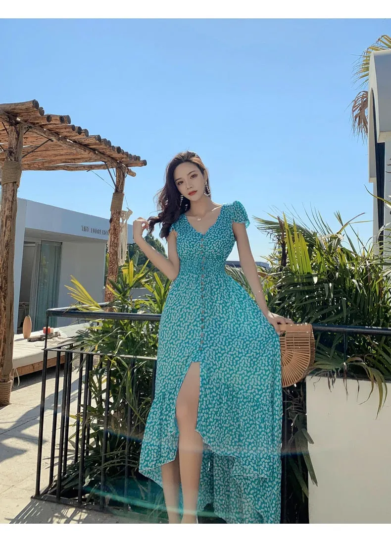 Vintage Dress, Boho Midi Dress,  Dress, Backless Dress, Blue Sky, Yellow and Red