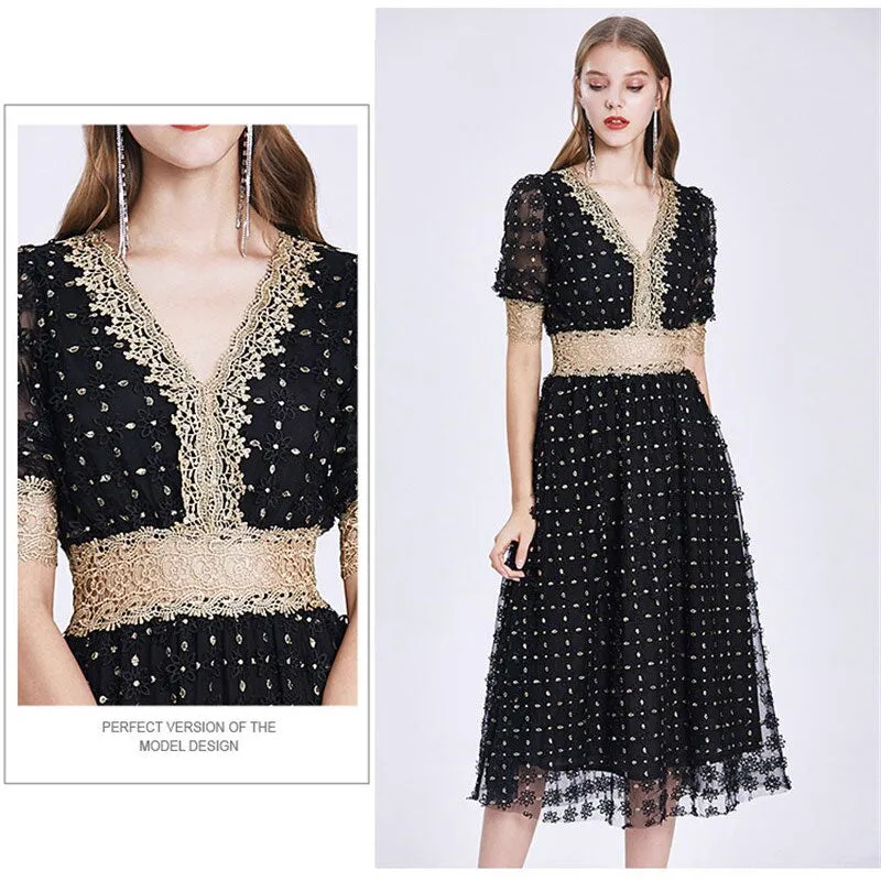 Vintage Dress, Boho Midi Dress, Lace Party Dress, Genevieve in  White Apricot and Midnight