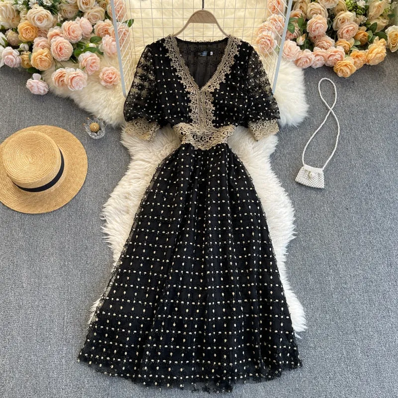 Vintage Dress, Boho Midi Dress, Lace Party Dress, Genevieve in  White Apricot and Midnight