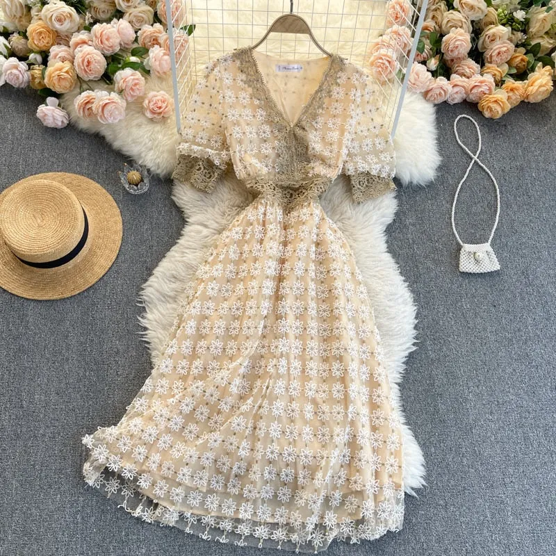 Vintage Dress, Boho Midi Dress, Lace Party Dress, Genevieve in  White Apricot and Midnight