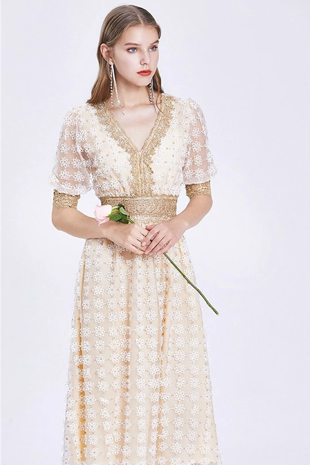 Vintage Dress, Boho Midi Dress, Lace Party Dress, Genevieve in  White Apricot and Midnight