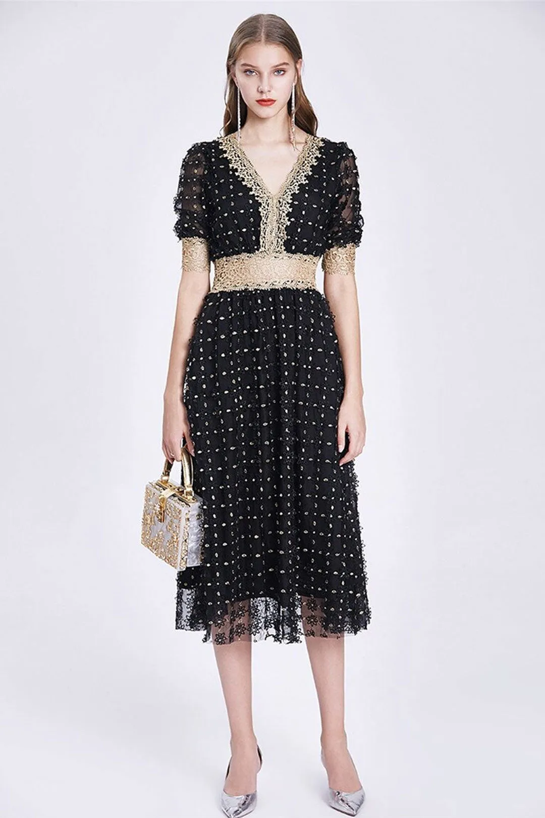 Vintage Dress, Boho Midi Dress, Lace Party Dress, Genevieve in  White Apricot and Midnight