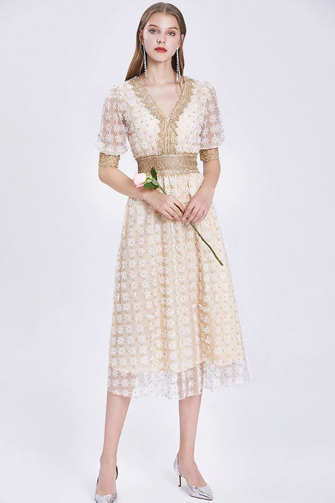 Vintage Dress, Boho Midi Dress, Lace Party Dress, Genevieve in  White Apricot and Midnight