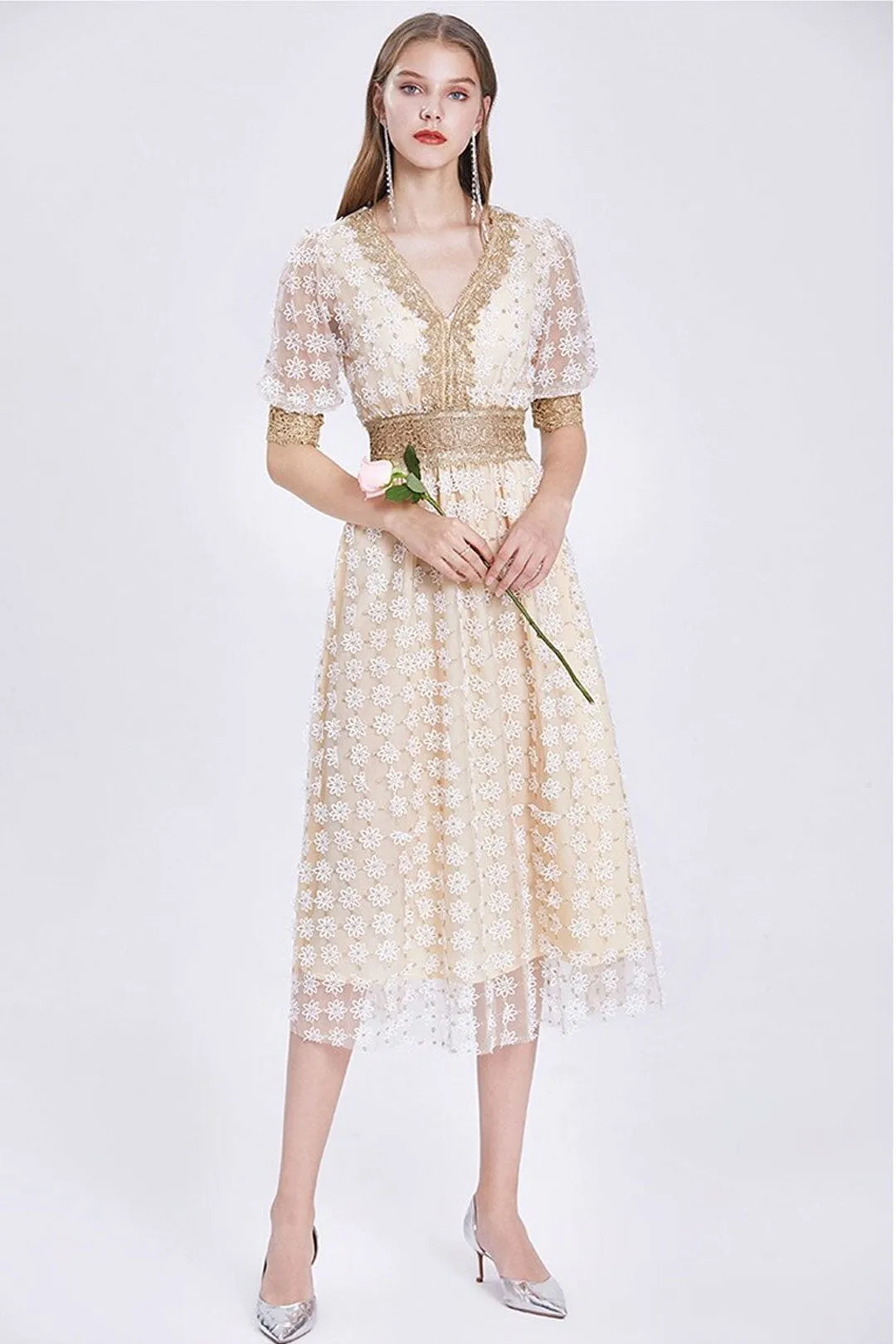 Vintage Dress, Boho Midi Dress, Lace Party Dress, Genevieve in  White Apricot and Midnight