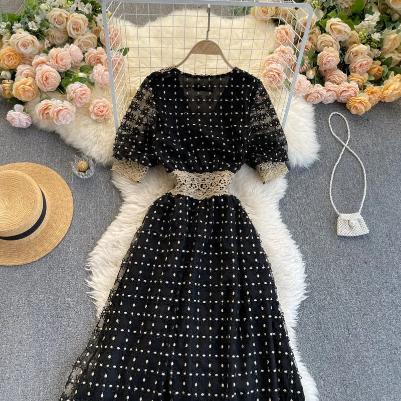 Vintage Dress, Boho Midi Dress, Lace Party Dress, Genevieve in  White Apricot and Midnight