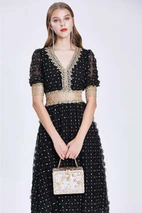 Vintage Dress, Boho Midi Dress, Lace Party Dress, Genevieve in  White Apricot and Midnight