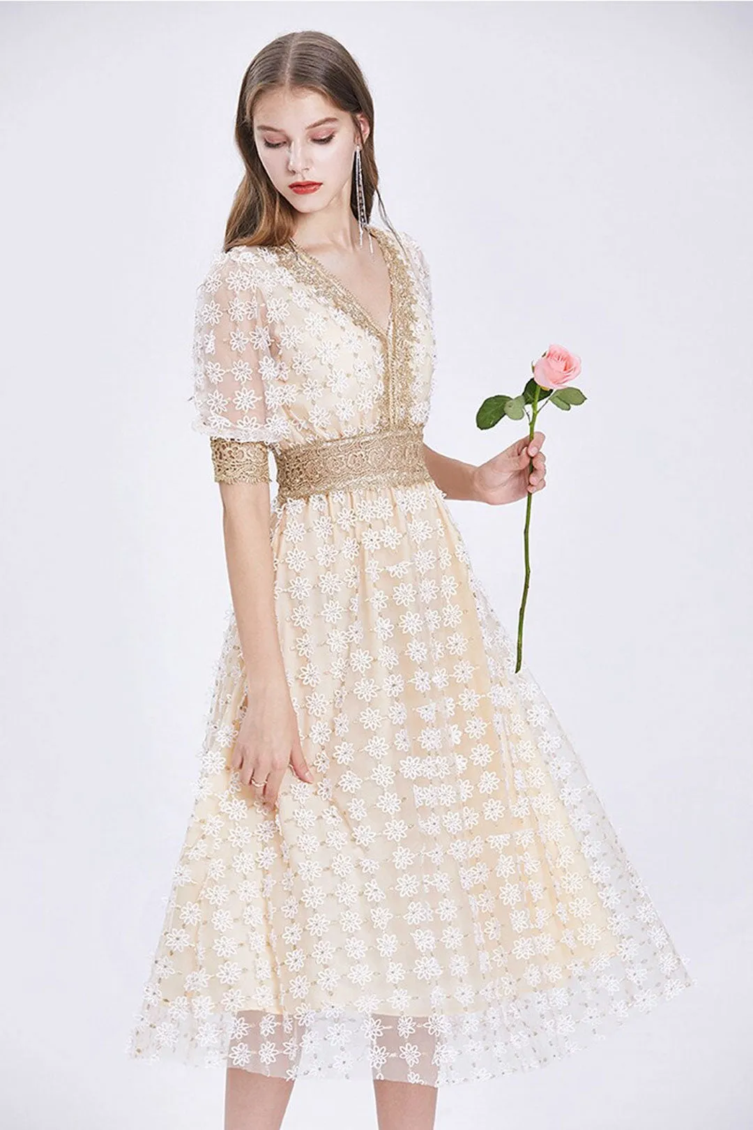 Vintage Dress, Boho Midi Dress, Lace Party Dress, Genevieve in  White Apricot and Midnight