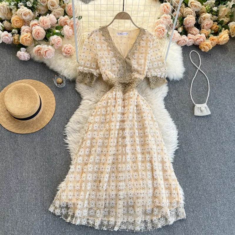 Vintage Dress, Boho Midi Dress, Lace Party Dress, Genevieve in  White Apricot and Midnight