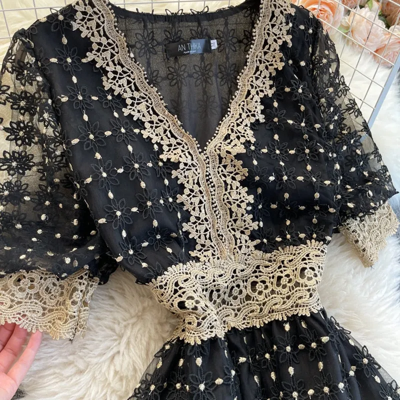 Vintage Dress, Boho Midi Dress, Lace Party Dress, Genevieve in  White Apricot and Midnight
