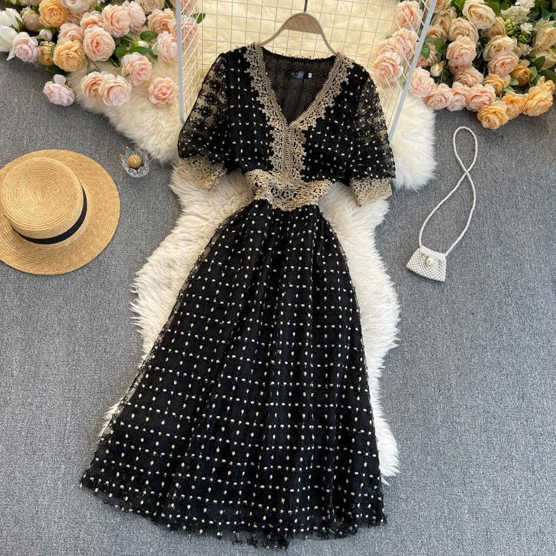 Vintage Dress, Boho Midi Dress, Lace Party Dress, Genevieve in  White Apricot and Midnight