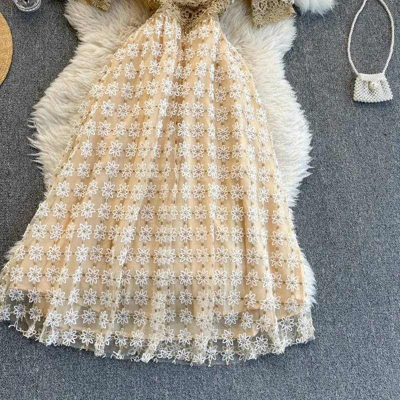 Vintage Dress, Boho Midi Dress, Lace Party Dress, Genevieve in  White Apricot and Midnight