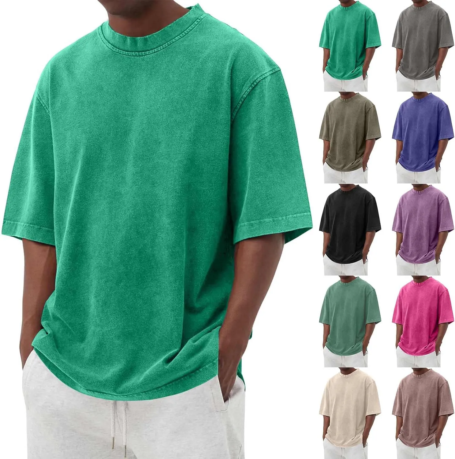 WENKOMG1 Cotton Shirt for Men Loose Fit Distressed Casual Half Sleeve T-Shirt Summer Retro Style Crewneck Pullover