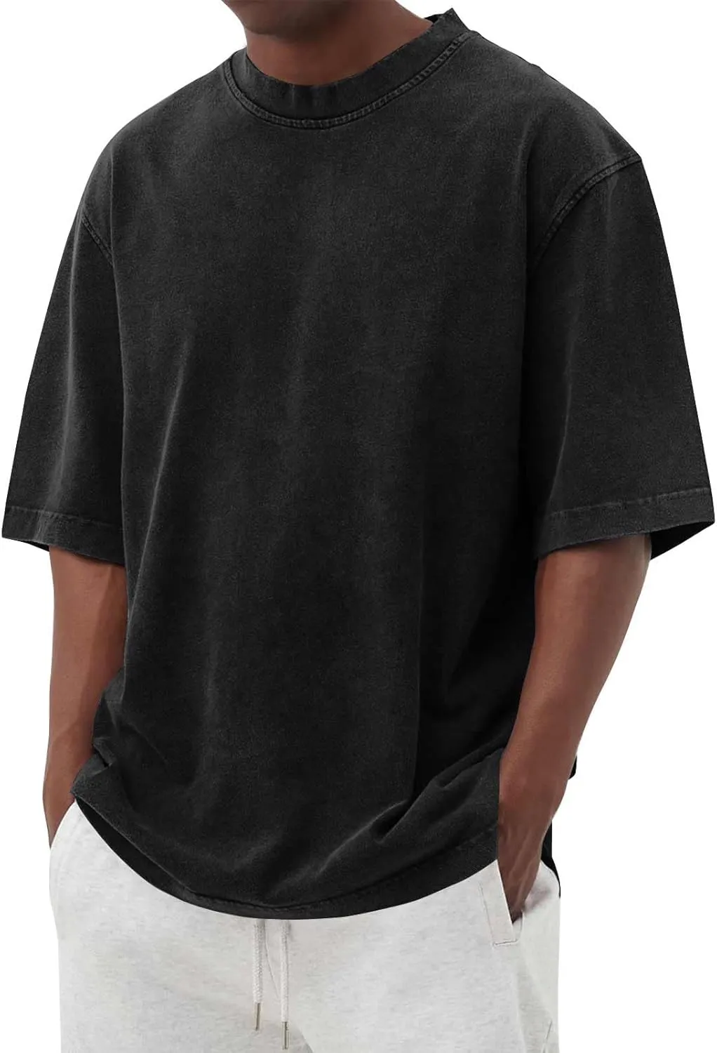 WENKOMG1 Mens Cotton Shirt Washed Crew Neck Casual Pullover Summer Short Sleeve Loose Fit Baggy Style Tee Shirts