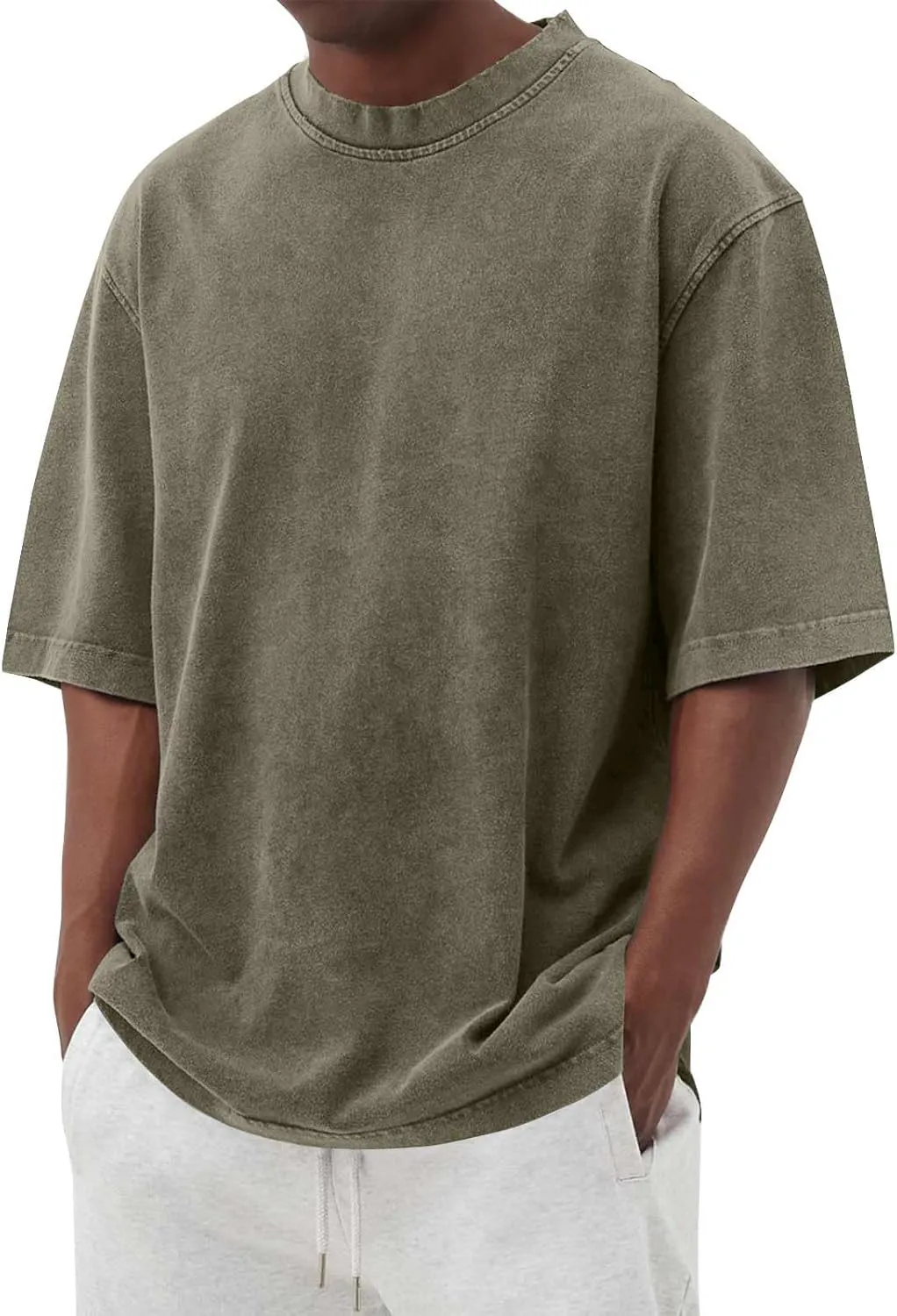 WENKOMG1 Mens Cotton Shirt Washed Crew Neck Casual Pullover Summer Short Sleeve Loose Fit Baggy Style Tee Shirts