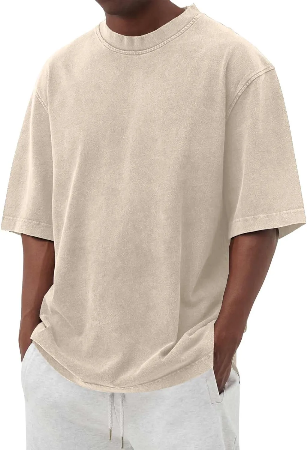 WENKOMG1 Mens Cotton Shirt Washed Crew Neck Casual Pullover Summer Short Sleeve Loose Fit Baggy Style Tee Shirts
