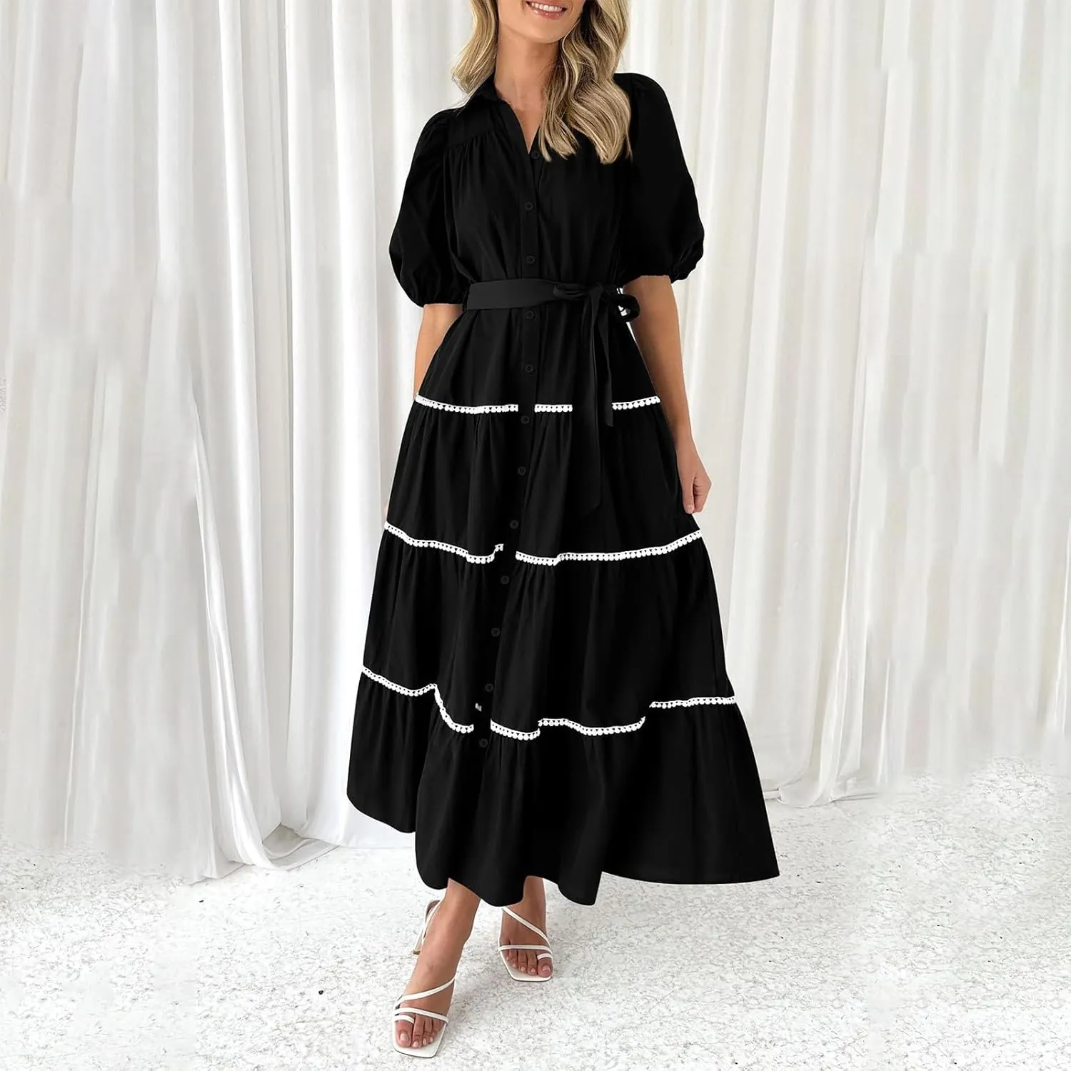 Women 2025 Summer Puff Sleeve Dresses Casual Tiered Ruffle Maxi Dress Ladies Elegant Lace-Up Waist Shirt Dress