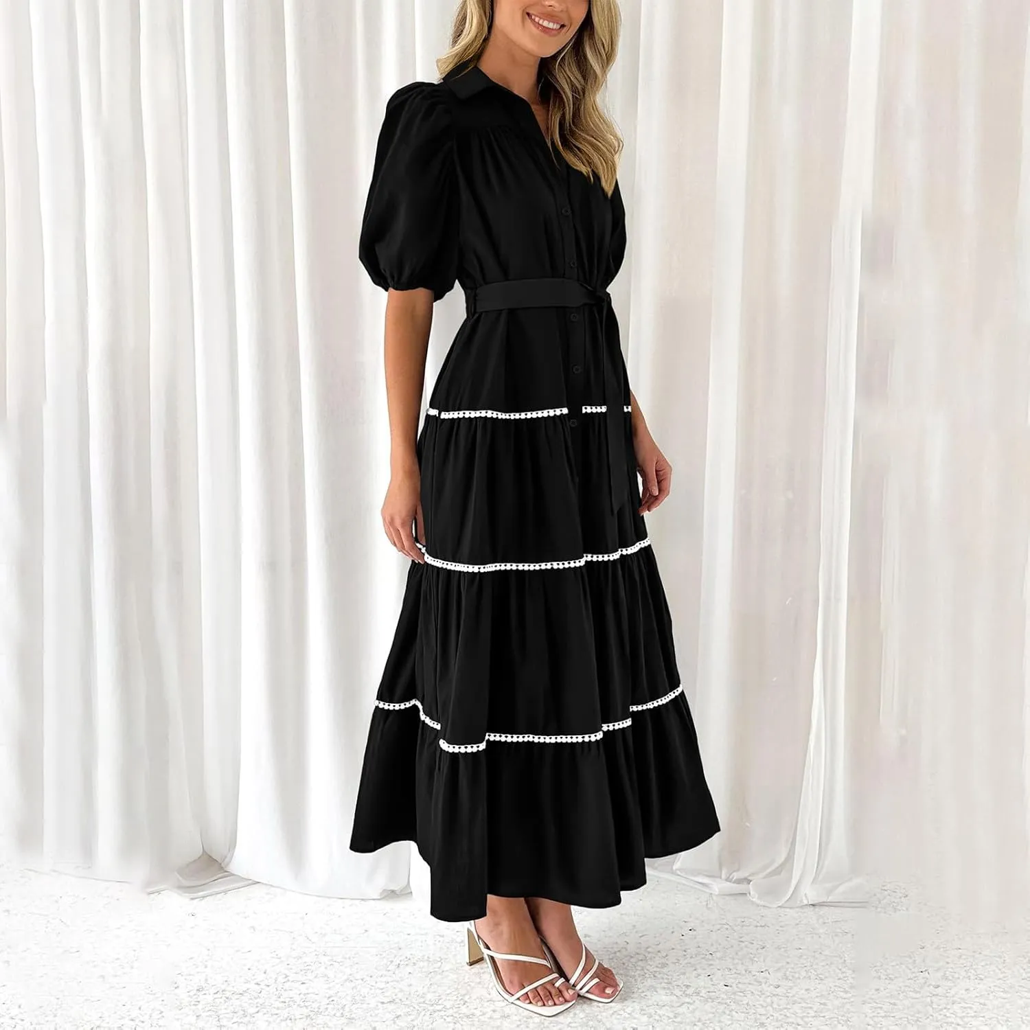 Women 2025 Summer Puff Sleeve Dresses Casual Tiered Ruffle Maxi Dress Ladies Elegant Lace-Up Waist Shirt Dress