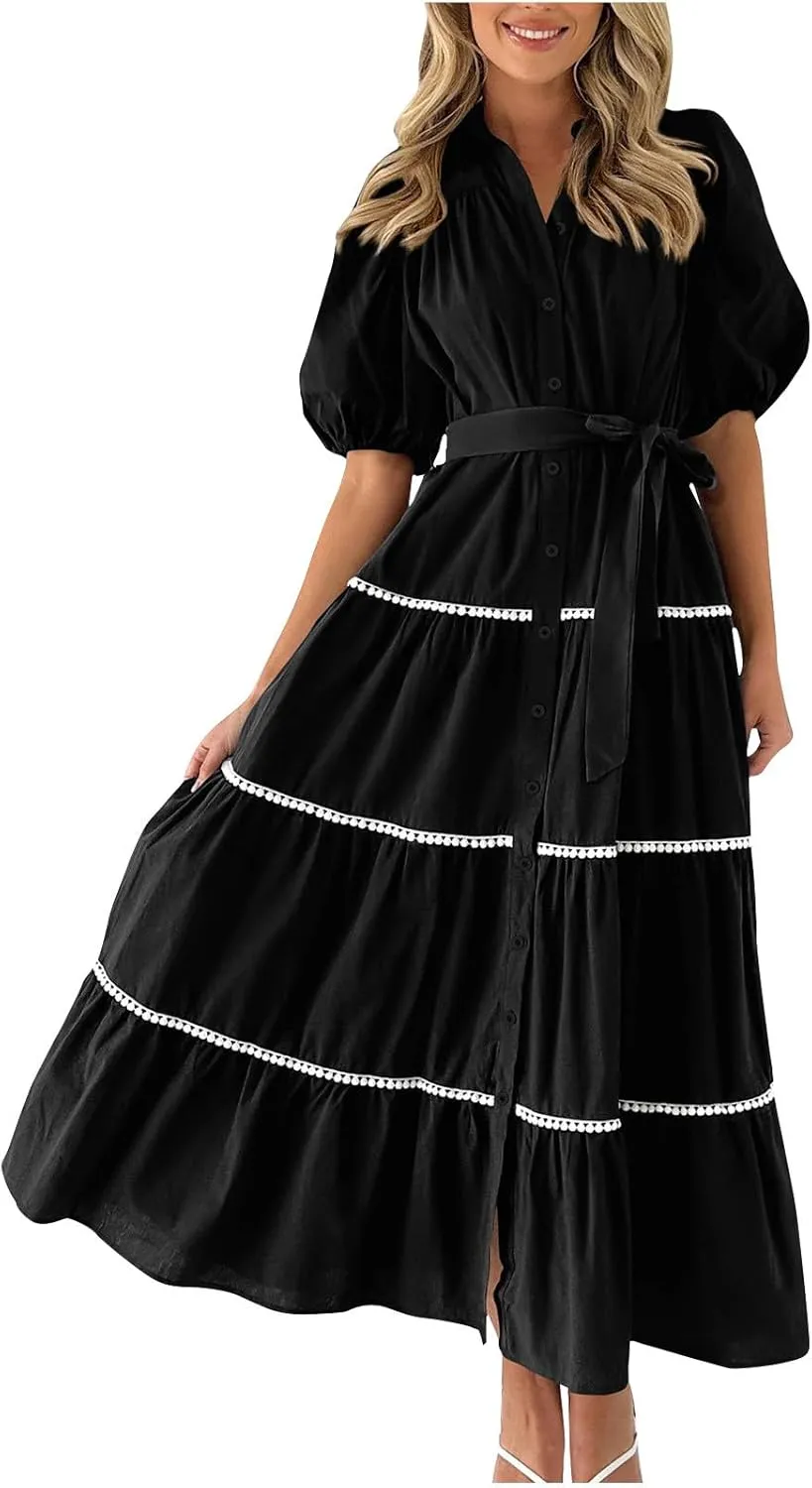 Women 2025 Summer Puff Sleeve Dresses Casual Tiered Ruffle Maxi Dress Ladies Elegant Lace-Up Waist Shirt Dress