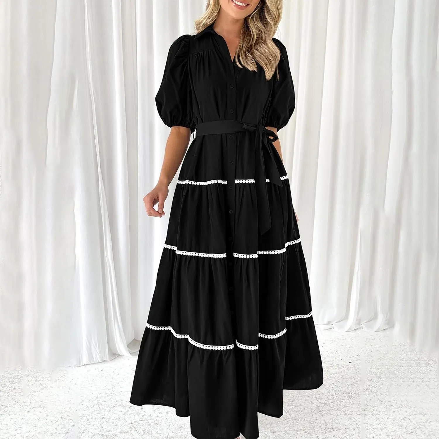 Women 2025 Summer Puff Sleeve Dresses Casual Tiered Ruffle Maxi Dress Ladies Elegant Lace-Up Waist Shirt Dress