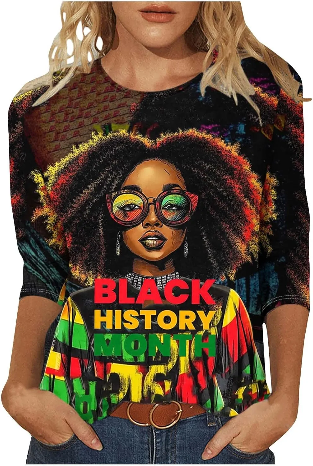 Women Black History Month Shirts African American Pride Crewneck Tunic 3/4 Length Sleeve Tops Plus Size Tees