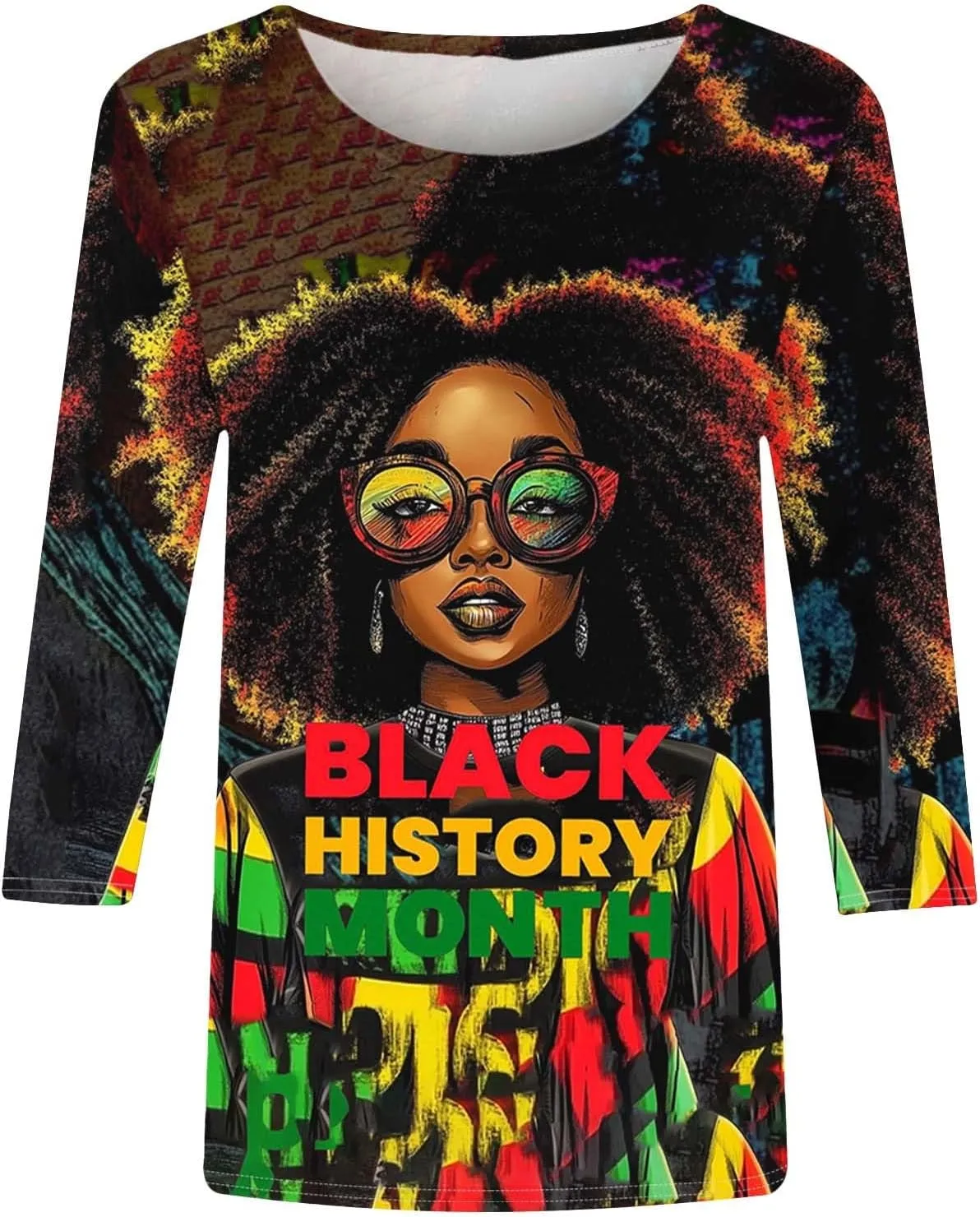 Women Black History Month Shirts African American Pride Crewneck Tunic 3/4 Length Sleeve Tops Plus Size Tees