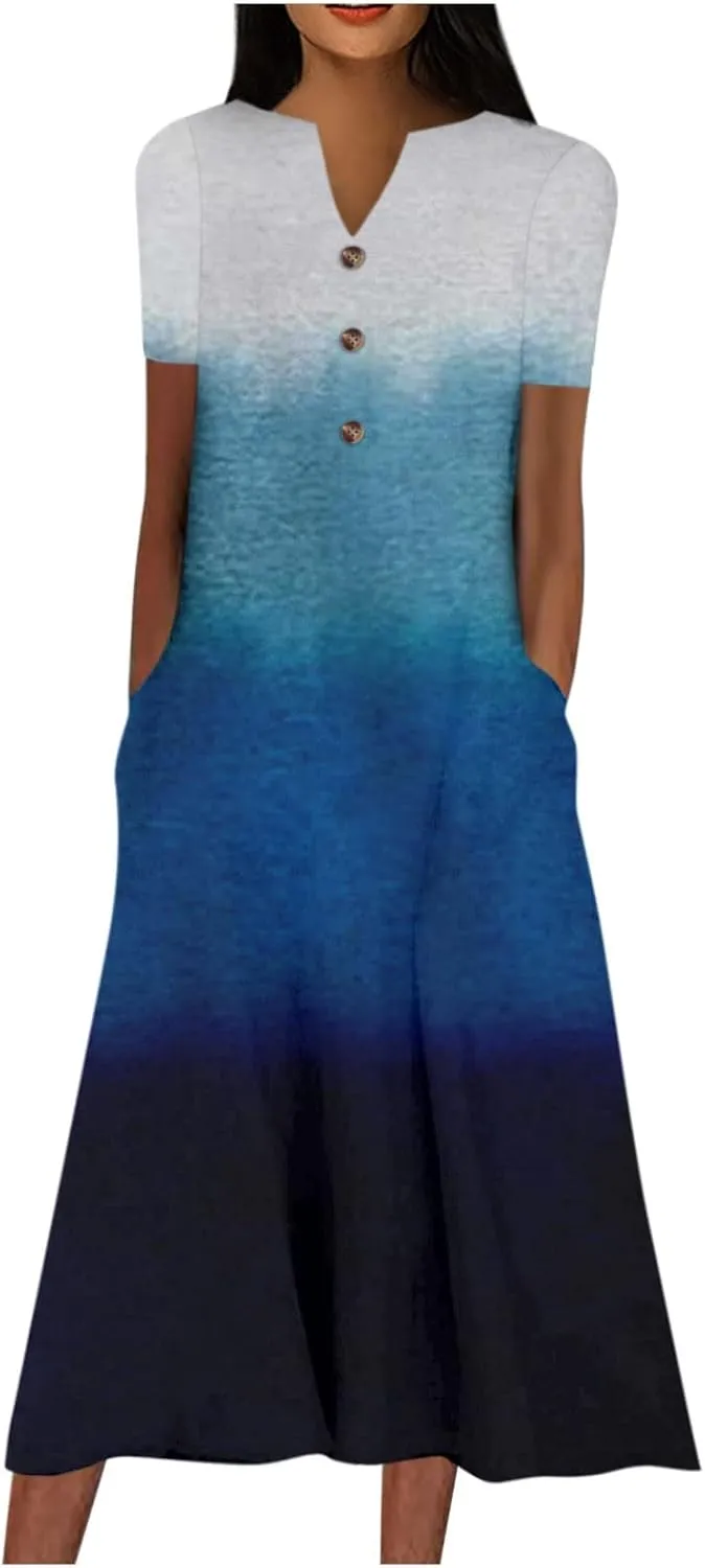 Women Casual Loose Bohemian Floral Dress with Pockets Short Sleeve Long Maxi Summer Beach Shift Dress