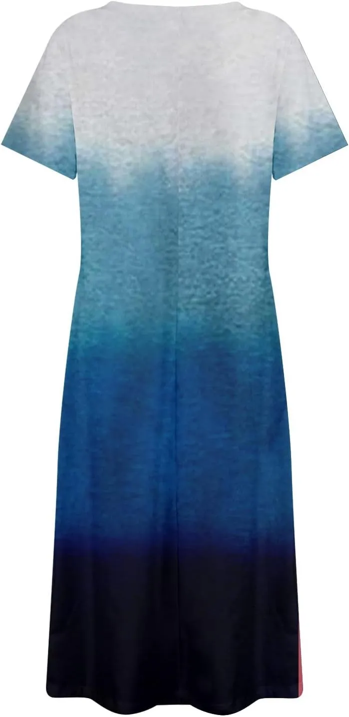 Women Casual Loose Bohemian Floral Dress with Pockets Short Sleeve Long Maxi Summer Beach Shift Dress