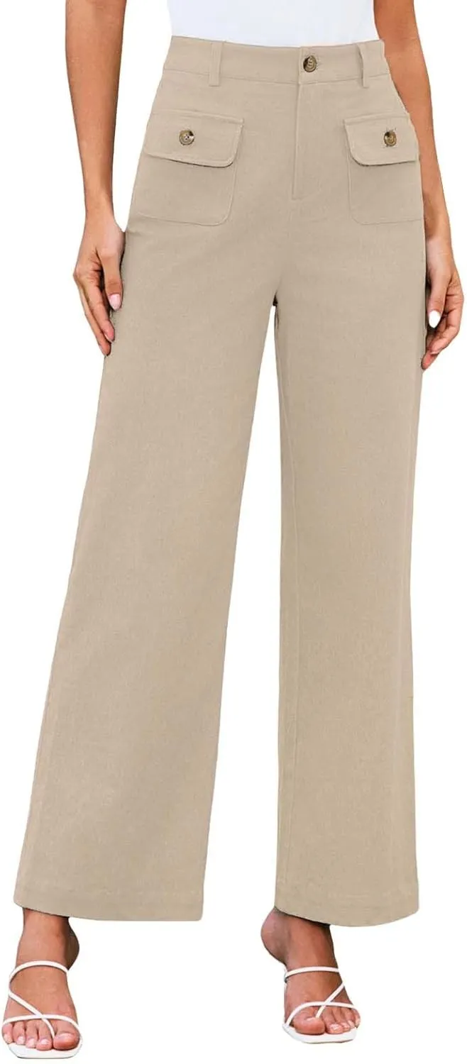 Women High Waist Wide Leg Pants Stretchy Solid Color Tummy Control Trousers Business Work Casual Pants with Pockets