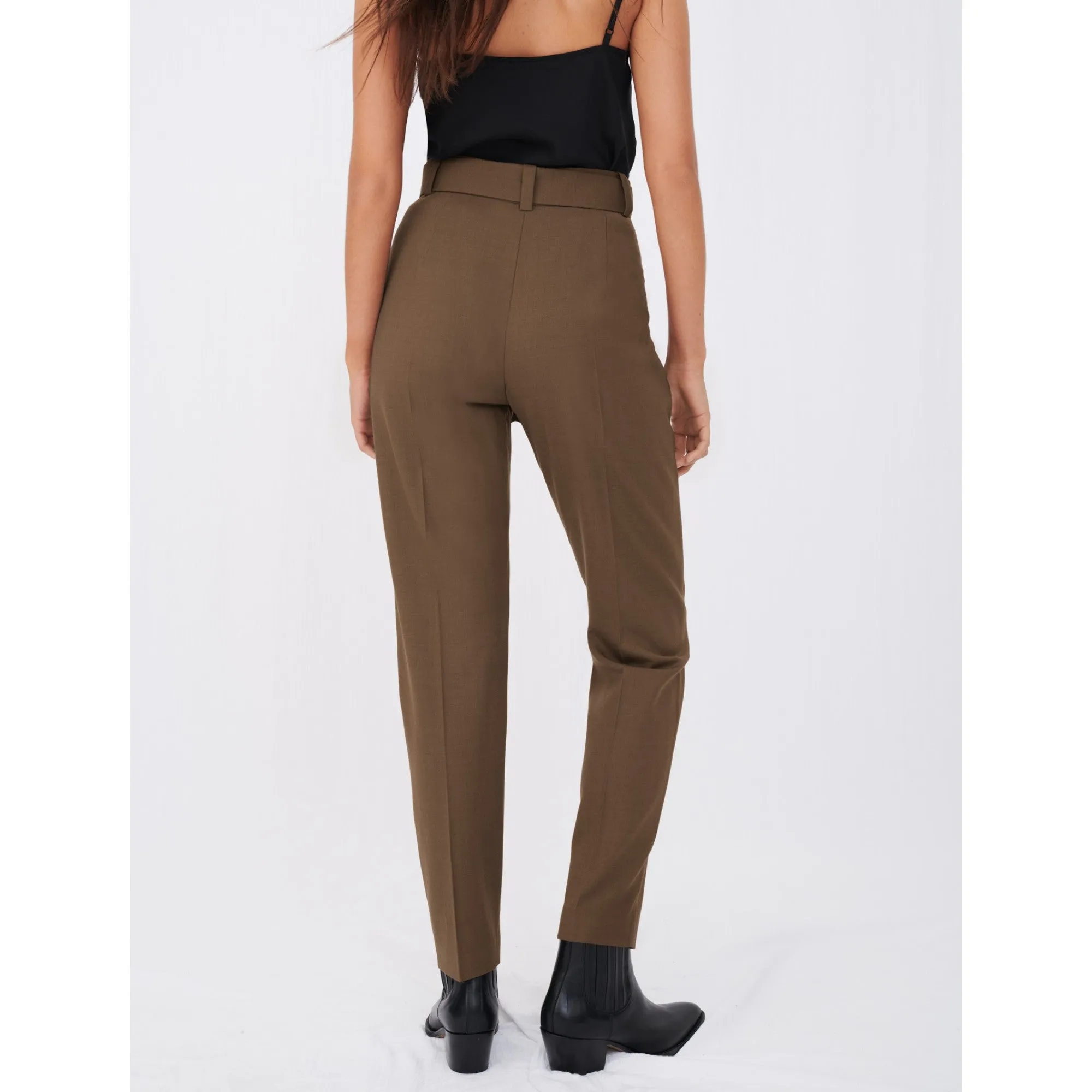 Women Straight-Cut Belted Suit Trousers - Brown
