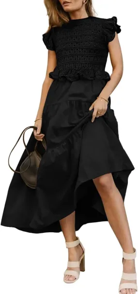 Women’s 2025 Summer Causal Ruffle Sleeve Crochet Knit Tops Long Dress for Ladies Fall Trendy Tiered Dress