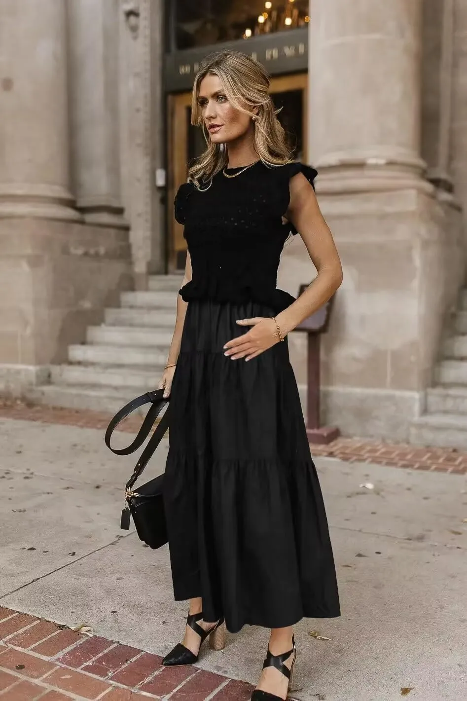 Women’s 2025 Summer Causal Ruffle Sleeve Crochet Knit Tops Long Dress for Ladies Fall Trendy Tiered Dress