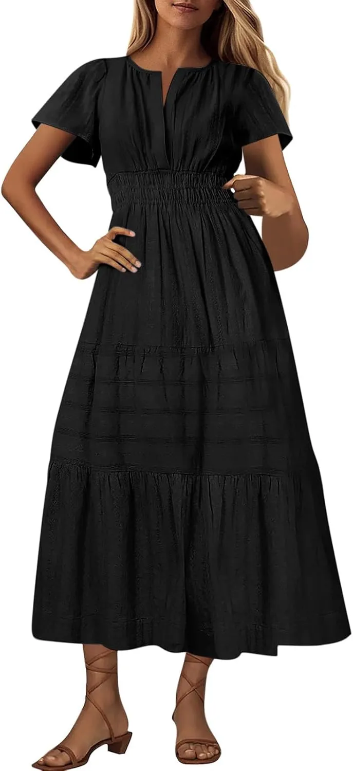 Women's 2025 Summer Soild Midi Dress Elegant Pleated Flowy Sexy Dress Gentle Refreshing Casual Loose Swing Midi Dress