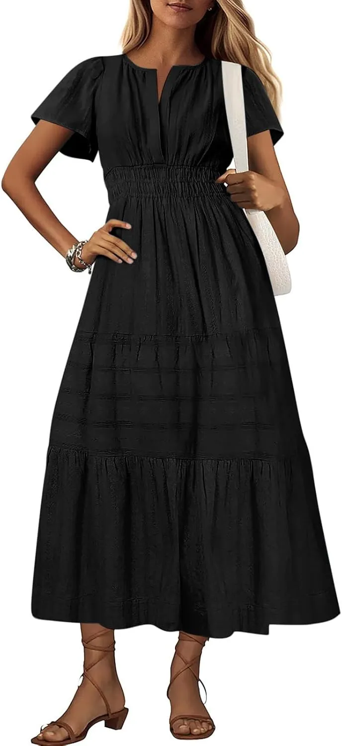 Women's 2025 Summer Soild Midi Dress Elegant Pleated Flowy Sexy Dress Gentle Refreshing Casual Loose Swing Midi Dress