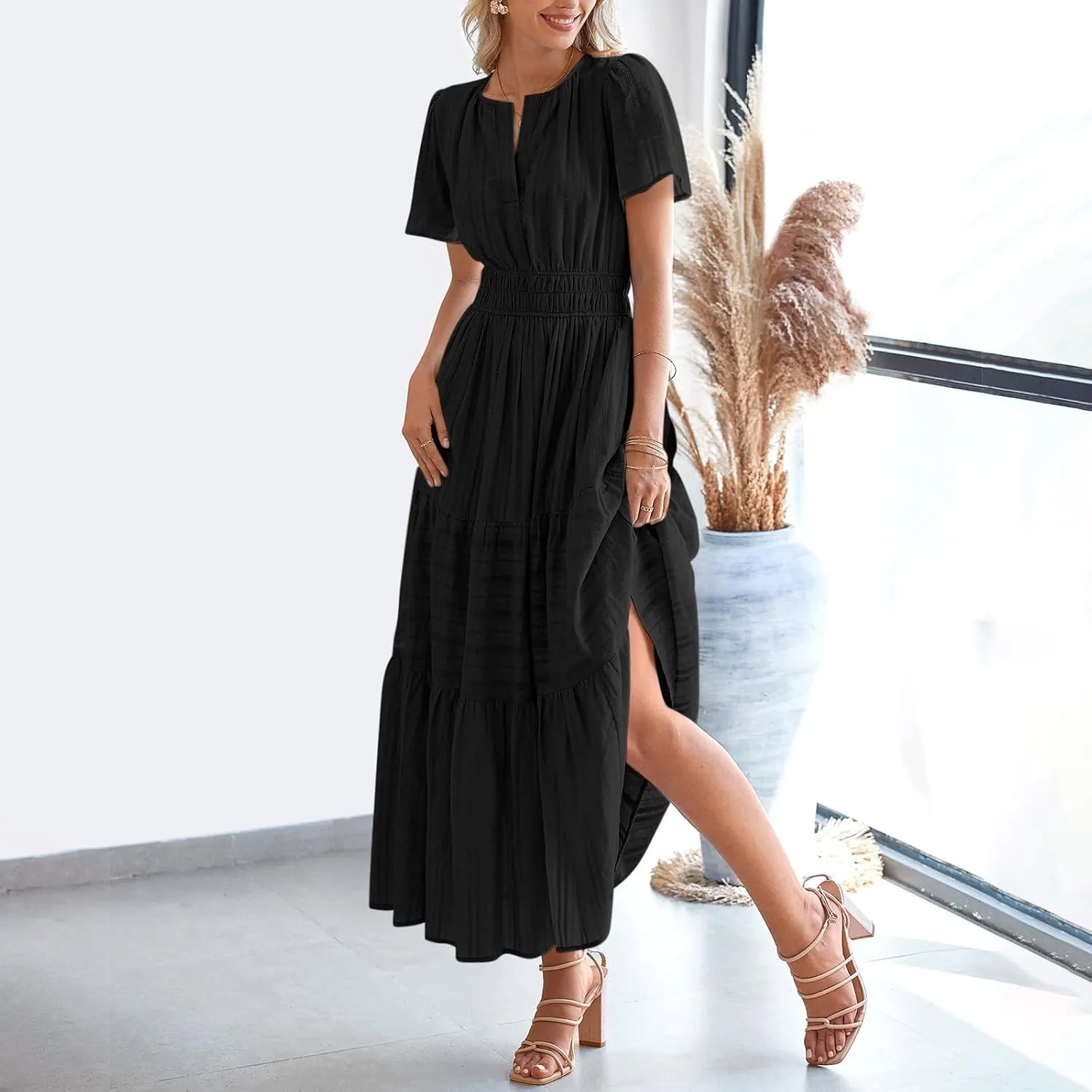 Women's 2025 Summer Soild Midi Dress Elegant Pleated Flowy Sexy Dress Gentle Refreshing Casual Loose Swing Midi Dress