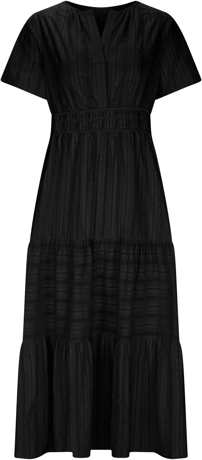 Women's 2025 Summer Soild Midi Dress Elegant Pleated Flowy Sexy Dress Gentle Refreshing Casual Loose Swing Midi Dress