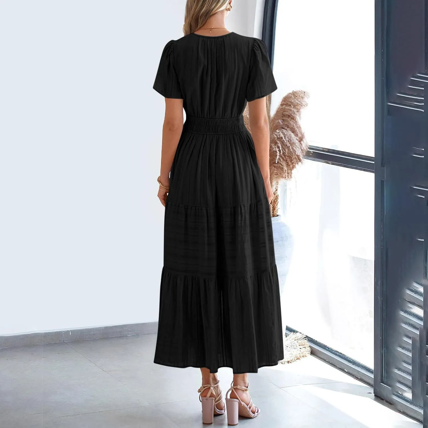 Women's 2025 Summer Soild Midi Dress Elegant Pleated Flowy Sexy Dress Gentle Refreshing Casual Loose Swing Midi Dress