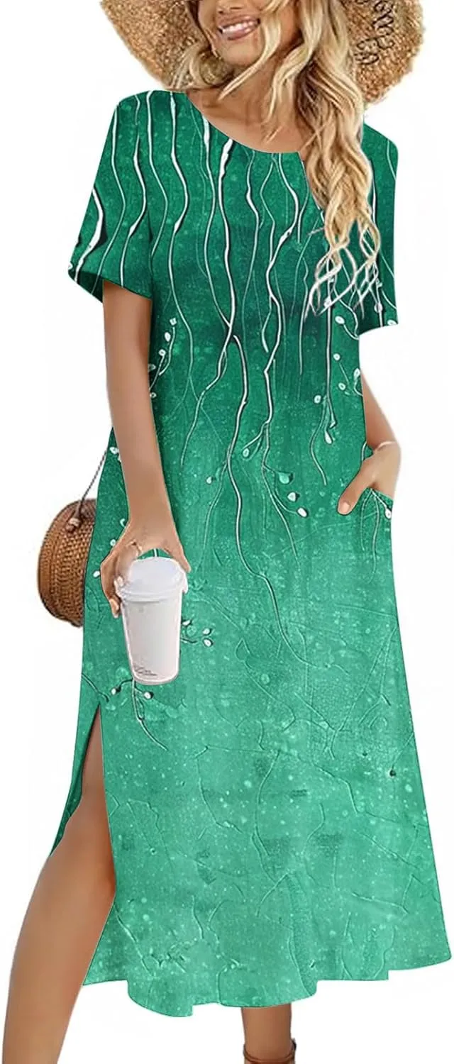 Womens Boho Dress Floral Casual Beach Vcation T Shirt Dress Sexy Side Slit a-Line Mini Dress with Pockets