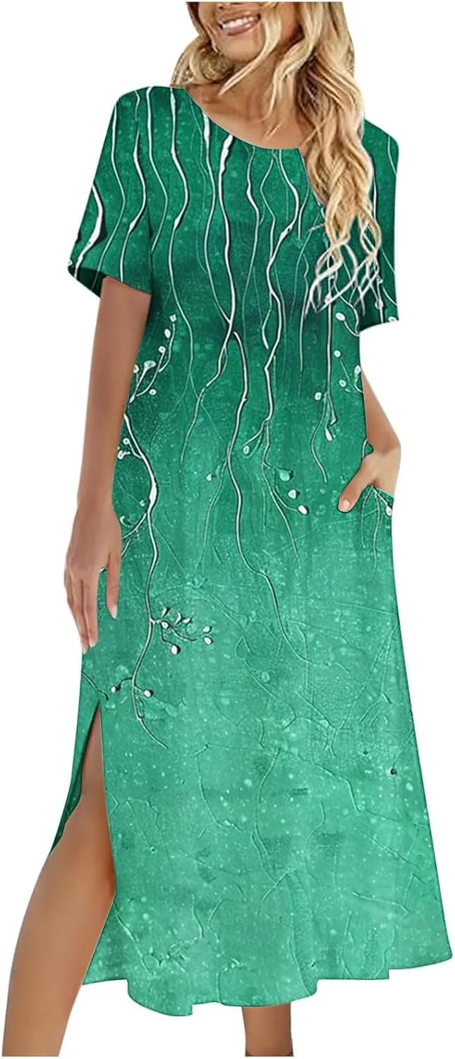 Womens Boho Dress Floral Casual Beach Vcation T Shirt Dress Sexy Side Slit a-Line Mini Dress with Pockets
