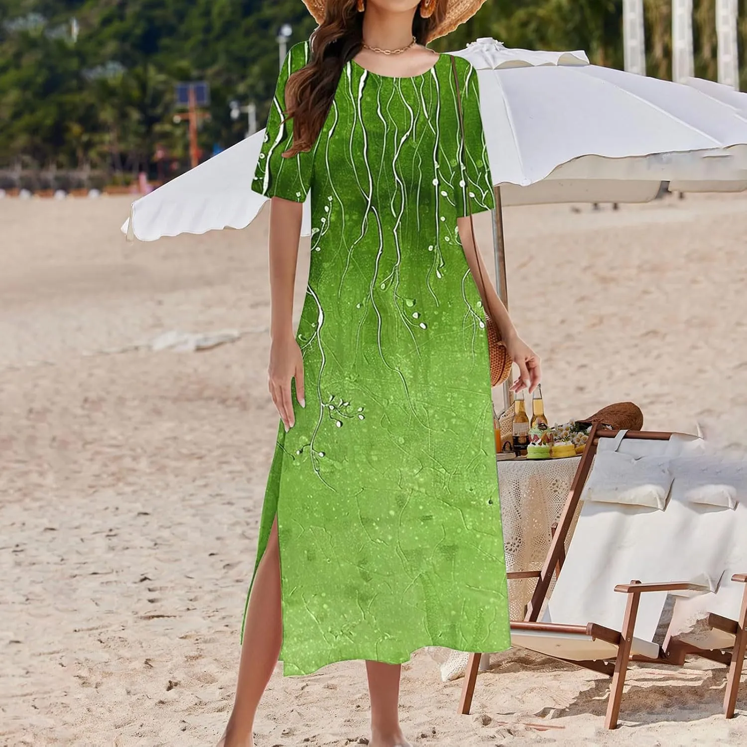 Womens Boho Dress Floral Casual Beach Vcation T Shirt Dress Sexy Side Slit a-Line Mini Dress with Pockets