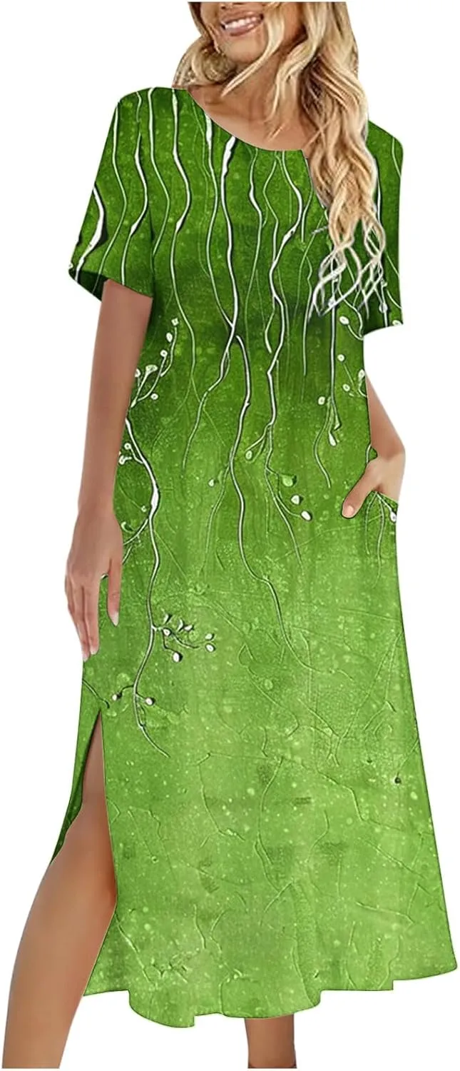 Womens Boho Dress Floral Casual Beach Vcation T Shirt Dress Sexy Side Slit a-Line Mini Dress with Pockets