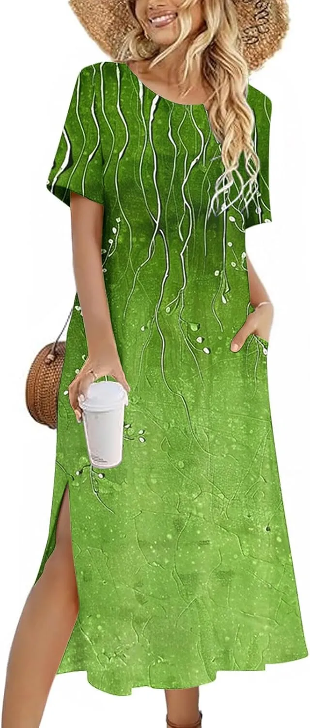 Womens Boho Dress Floral Casual Beach Vcation T Shirt Dress Sexy Side Slit a-Line Mini Dress with Pockets