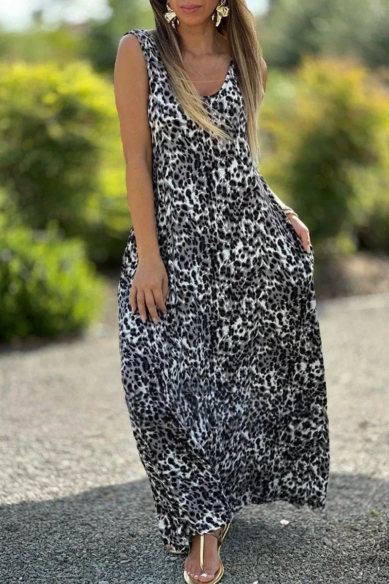 Women's Casual Fashion Leopard Print U-Neck Sleeveless Dress