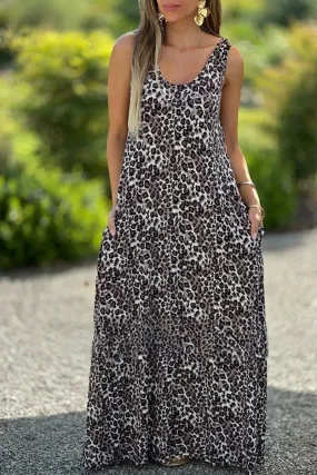 Women's Casual Fashion Leopard Print U-Neck Sleeveless Dress