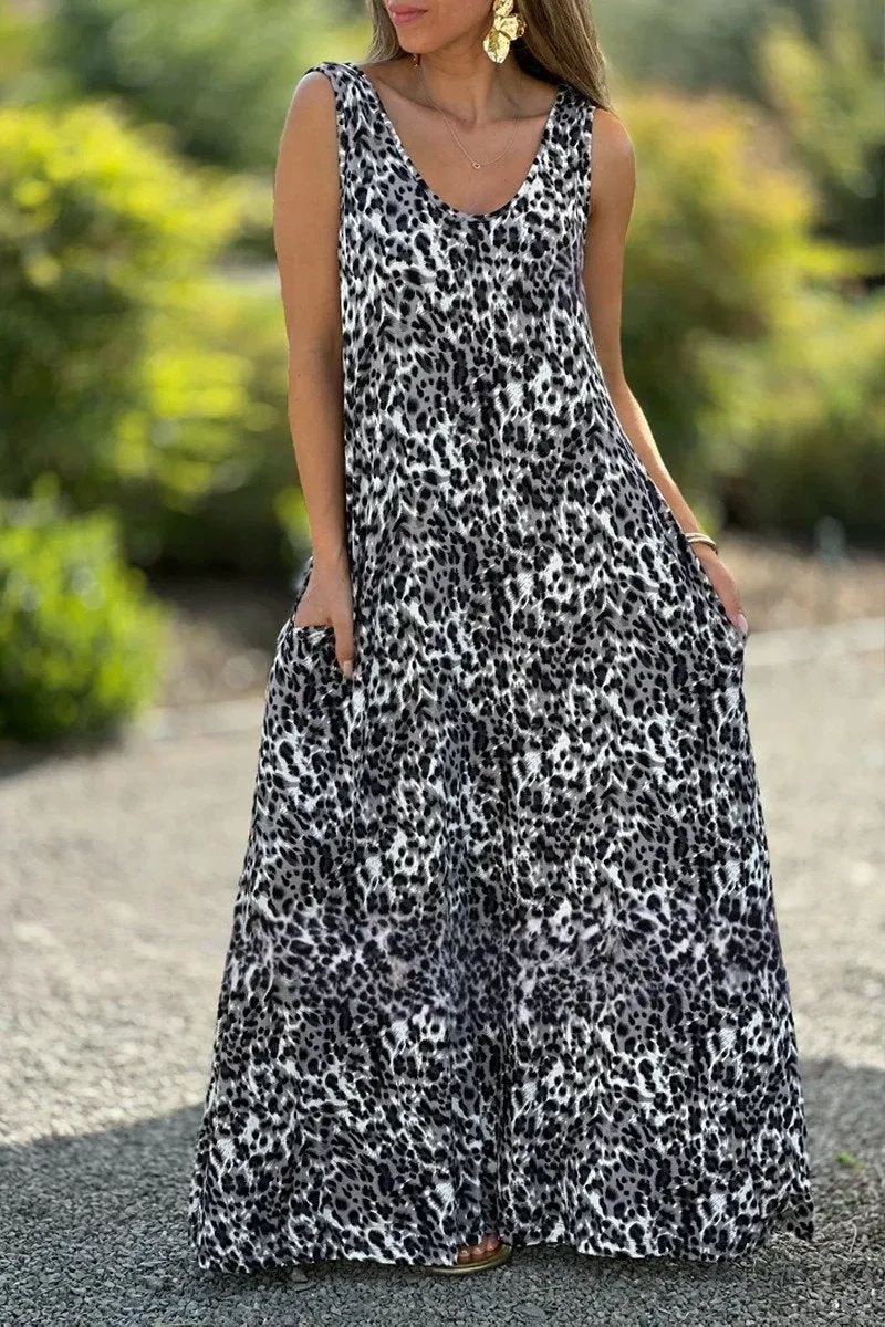 Women's Casual Fashion Leopard Print U-Neck Sleeveless Dress