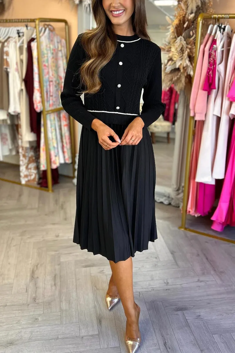 Women's Casual Round Neck Knitted Patchwork Pleated Dress