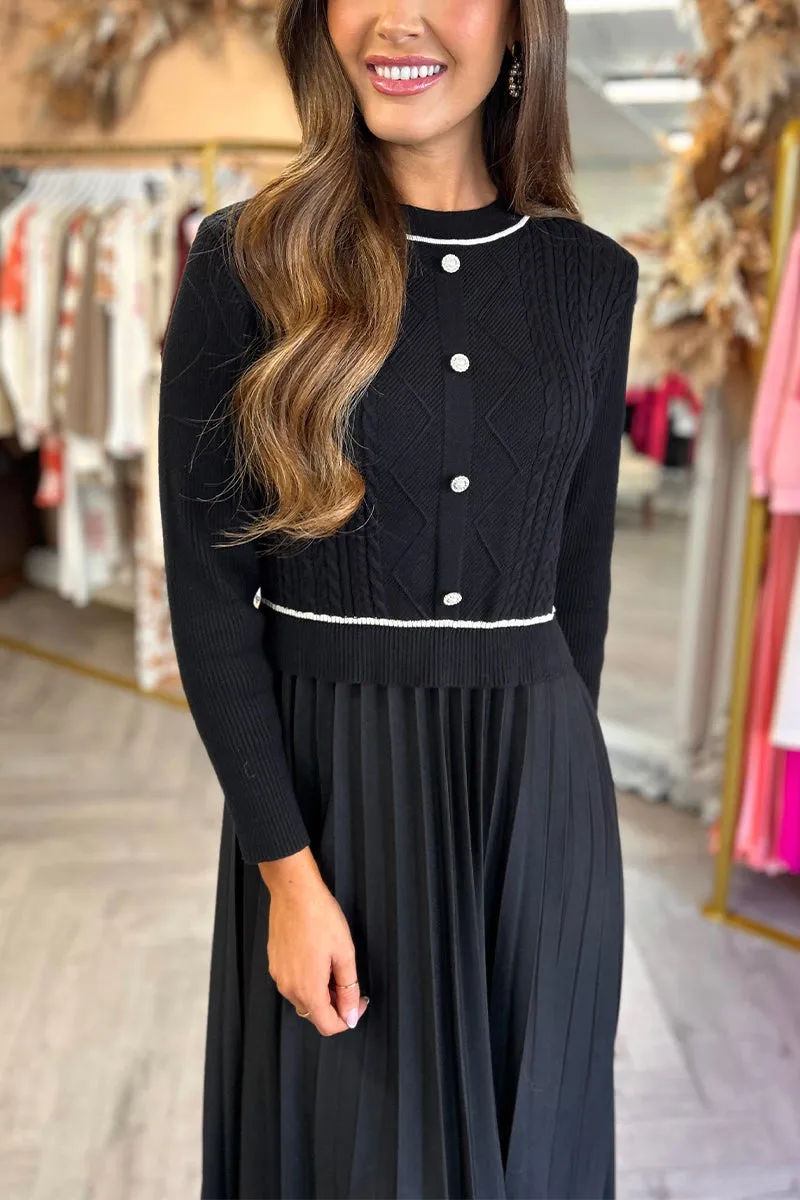 Women's Casual Round Neck Knitted Patchwork Pleated Dress