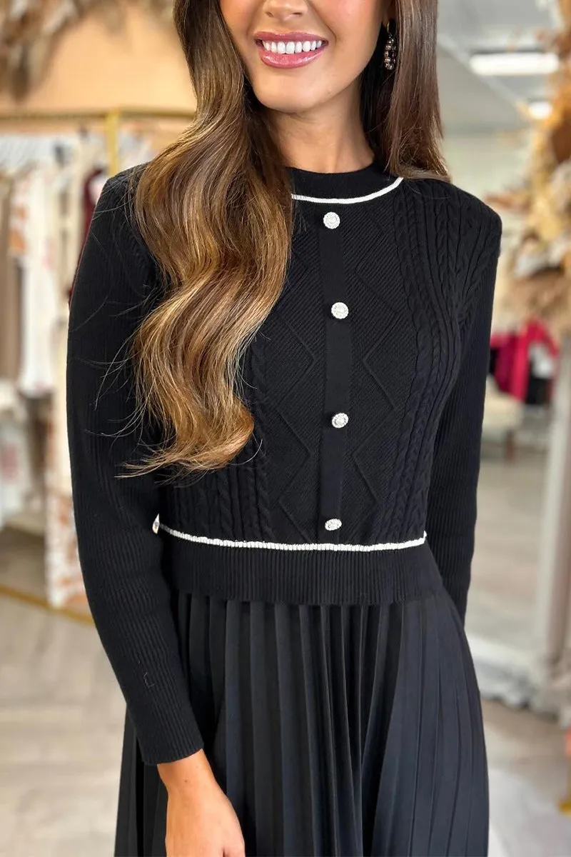 Women's Casual Round Neck Knitted Patchwork Pleated Dress