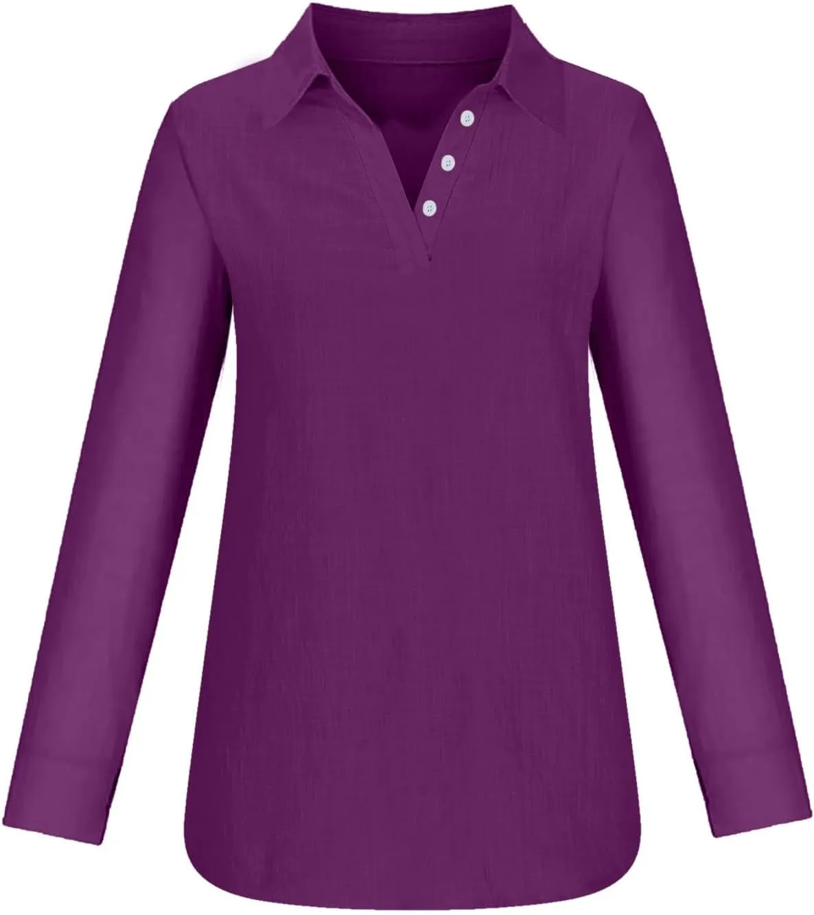Women's Cotton Linen Shirt 1/4 Button Neck Blouse Long Sleeve Tunic Tops Loose Fit Tee Spring Summer Casual T-Shirt