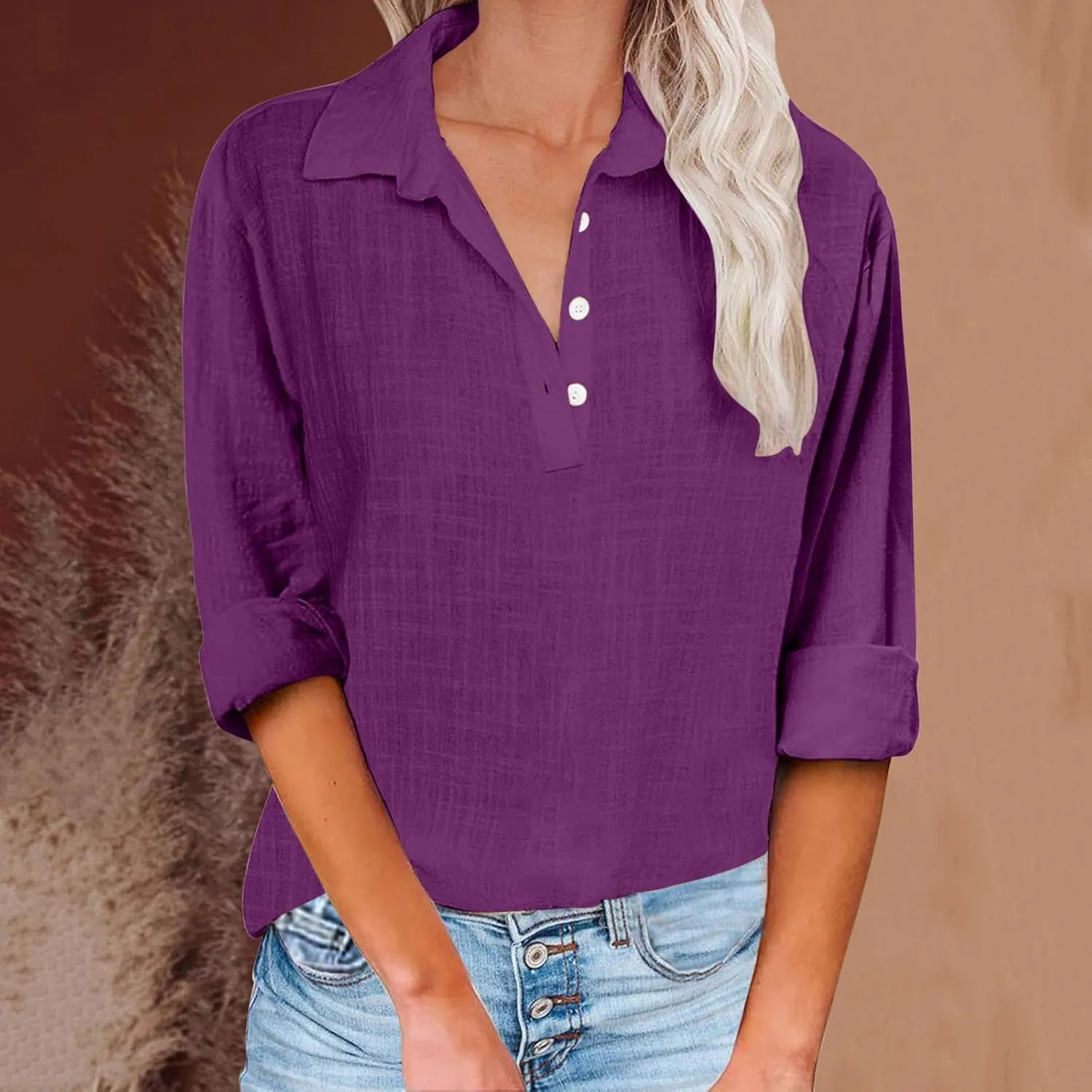 Women's Cotton Linen Shirt 1/4 Button Neck Blouse Long Sleeve Tunic Tops Loose Fit Tee Spring Summer Casual T-Shirt