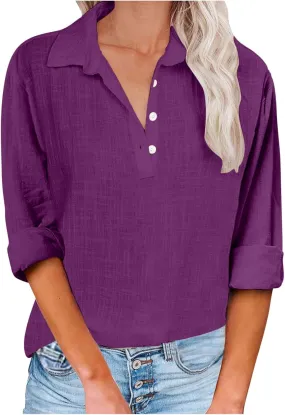 Women's Cotton Linen Shirt 1/4 Button Neck Blouse Long Sleeve Tunic Tops Loose Fit Tee Spring Summer Casual T-Shirt